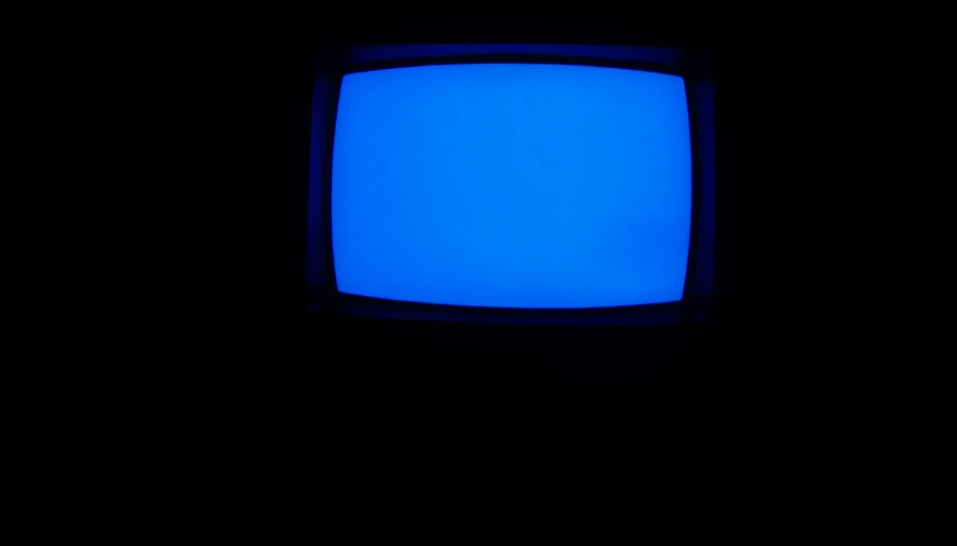 Old computer with blue screen in a dark room