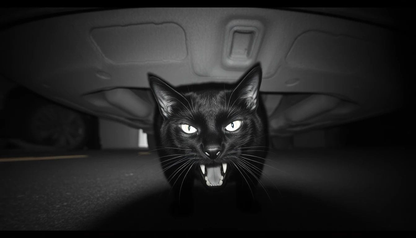 Hissing black cat under a car