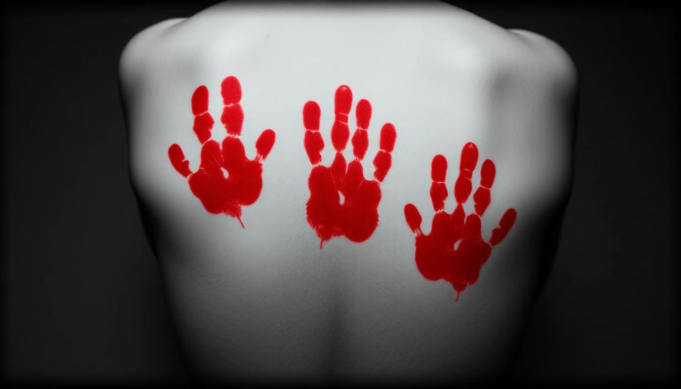 Three red handprints on a back